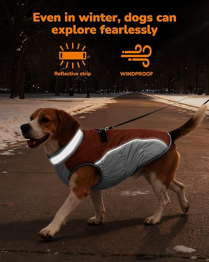 Dog Coat for Medium Dogs, Adjustable Dog Jackets for Cold Weather, Reflective Winter Coat with Built-in Harness, Snowsuit Fits Dogs 14-25 lbs and Up, Size M Brown