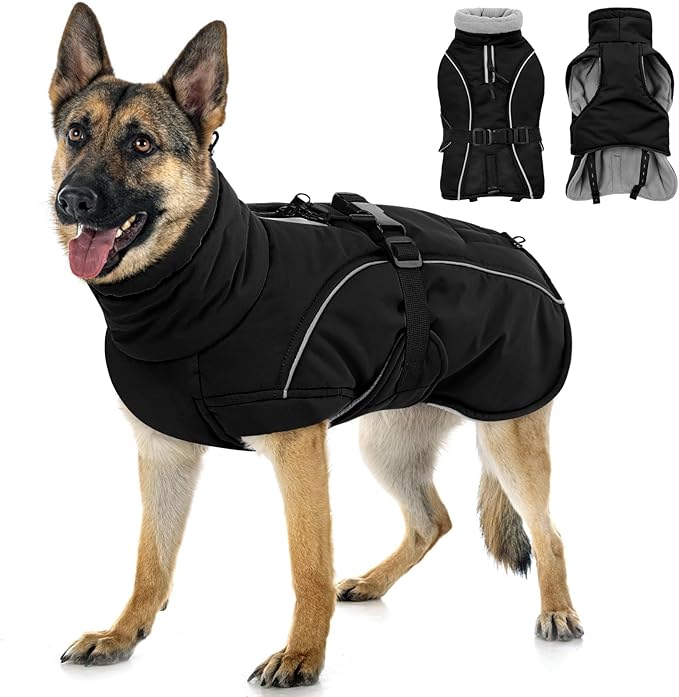 Queenmore Winter Dog Coat Warm Dog Jacket Vest Waterproof Puffer Fleece Snowsuit Adjustable Buckle Leash Hole Reflective Cold Weather Parka for Small Medium Large Dogs Girl Boy Black L