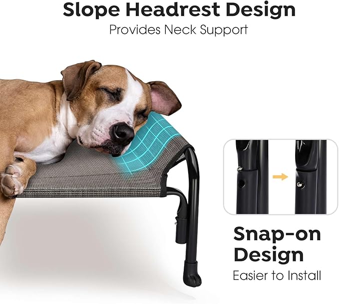 Veehoo Outdoor Elevated Dog Bed, Raised Dog Cot for Small Medium Dogs, Cooling Washable Waterproof Pet Hammock Beds with Slope Headrest, Breathable Mesh and Sturdy Frame, M, Brown, CWC2204