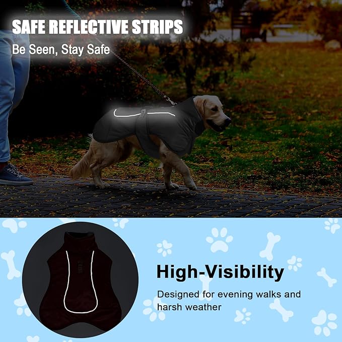 DoggieKit Dog Winter Coat, Waterproof Warm Jacket with Harness Built in, Reflective Cold Weather Doggie Vest, Windproof Turtleneck Pet Snowsuit, Adjustable Puffer Jacket for Large Dogs, Black 6XL