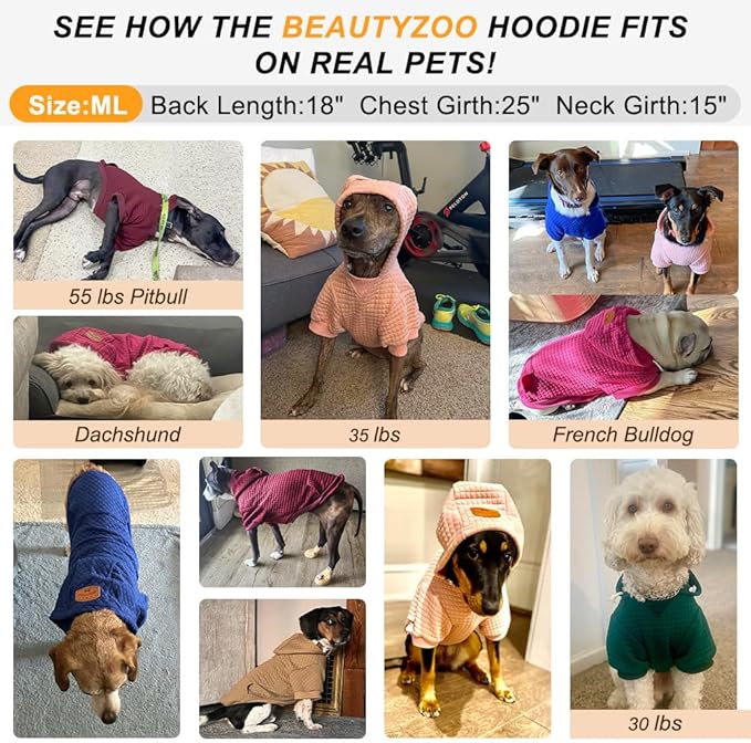 BEAUTYZOO Small Dog Hoodie Sweater with Pockets, Dog Clothes for Small Medium Dogs Boy Girl, Waffle-Like Laminated Cotton Pet Coats with Hat and Leash Hole, Orange ML