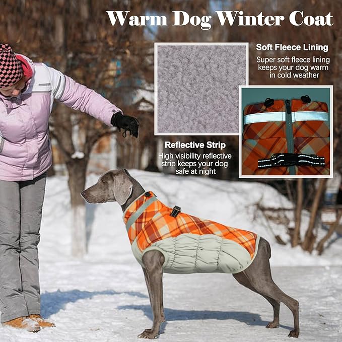 Lelepet Warm Dog Winter Coat Dog Coats for Small Dogs Waterproof Dogs Jacket with Harness Built in Reflective Cold Weather Coats Windproof Zip-Up Winter Fleece Vest Snowsuit Chihuahua Orange Plaid
