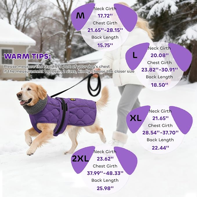 Dog Coats, Warm Puppy Apparel with Fleece Lining for Cold Weather, Windproof Medium Dog Winter Jacket, Reflective Dogs Snow Coat with Leash Hole and Adjustable Buckle, NewPurple M