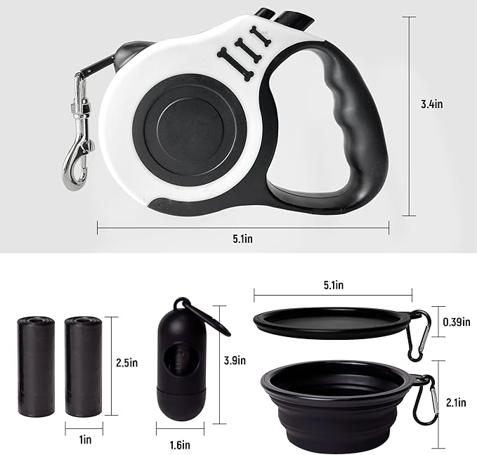 LIEVUIKEN Retractable Dog Leash Automatic Telescopic Tractor Dog Tape, Pet Tape 10/16 FT Durable and Convenient, with Folding Bowl, Dispenser, Rubbish Bags, Suitable for Small and Medium Dogs