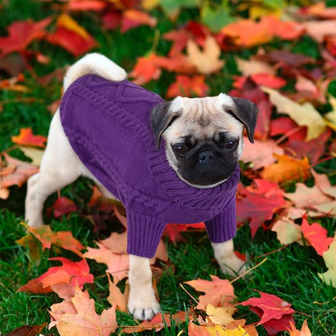 Queenmore Small Dog Pullover Sweater, Cold Weather Cable Knitwear, Classic Turtleneck Thick Warm Clothes for Chihuahua, Bulldog, Dachshund, Pug (Purple, X-Small)