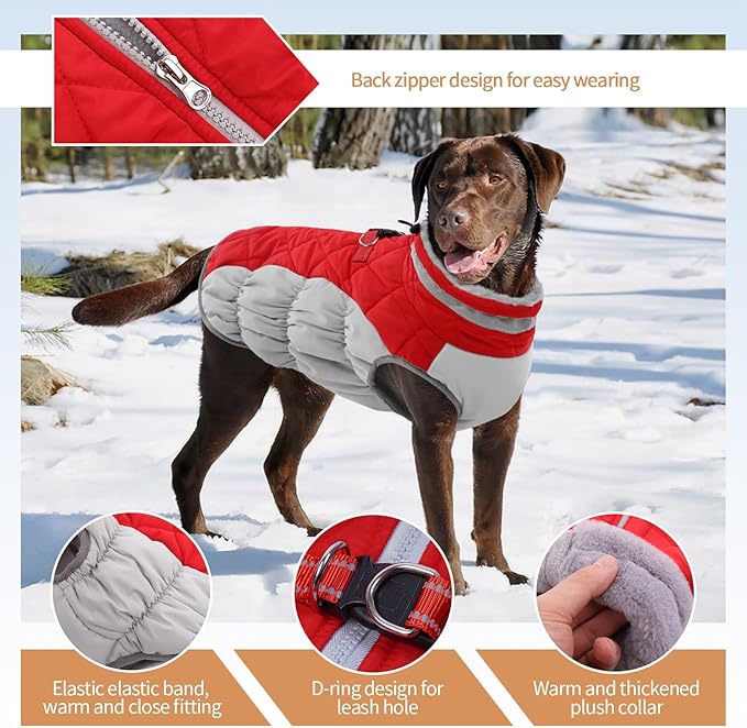 Winter Dog Coat,Large Dog Jacket,Waterproof Pet Jacket with Back Zipper,Pet Coat with Harness Built in,Warm Dogs Coat with Fleece Lined, Snow Jacket Clothes French Bulldog Shiba Inu,Red,L