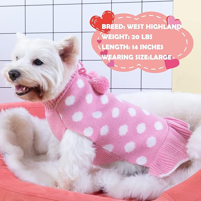 KYEESE Valentines Dog Sweater Dress, Warm Dog Sweaters for Small Dogs Girl Dogs Clothes, Pullover Cozy Knit Pet Apparel with Leash Hole, Pink Dot, M