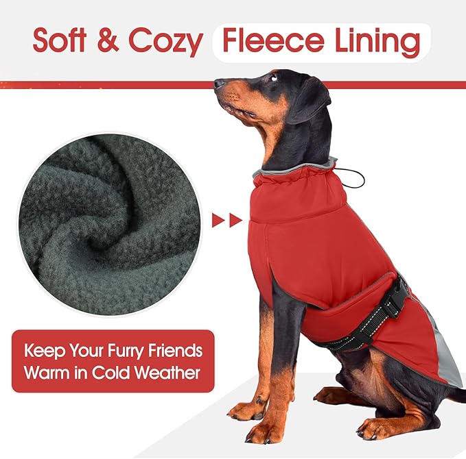 Dog Coat for Small to Large Dogs – Water Resistant Jacket with Soft Fleece Lining, Adjustable Fit and Reflective Trim Red S