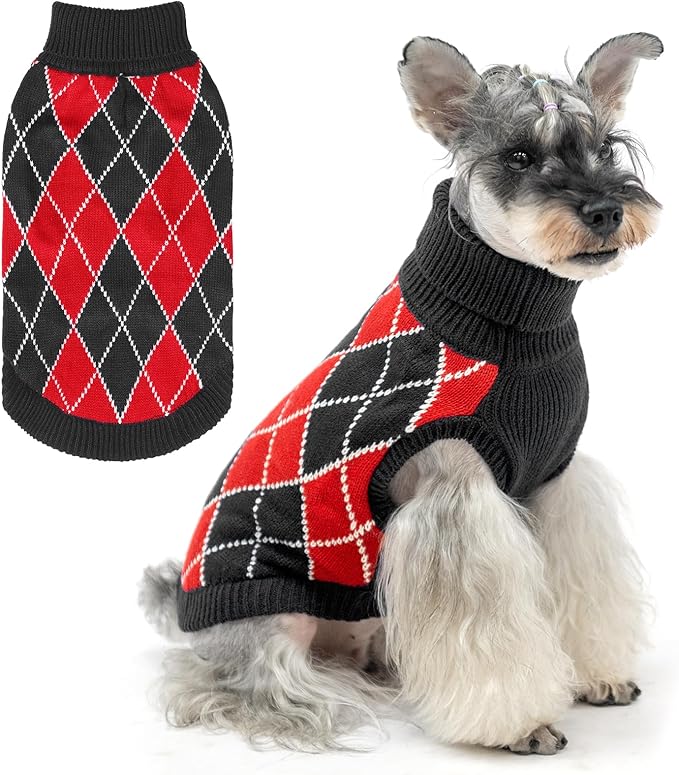 KOOLTAIL Small Dog Sweater, Knit Turtleneck Cold Weather Dog Sweaters for Medium Large Dogs, Soft Diamond Plaid Pullover Knitwear Pet Winter Warm Clothes, Pet Coat Puppy Sweater for Girls Boys