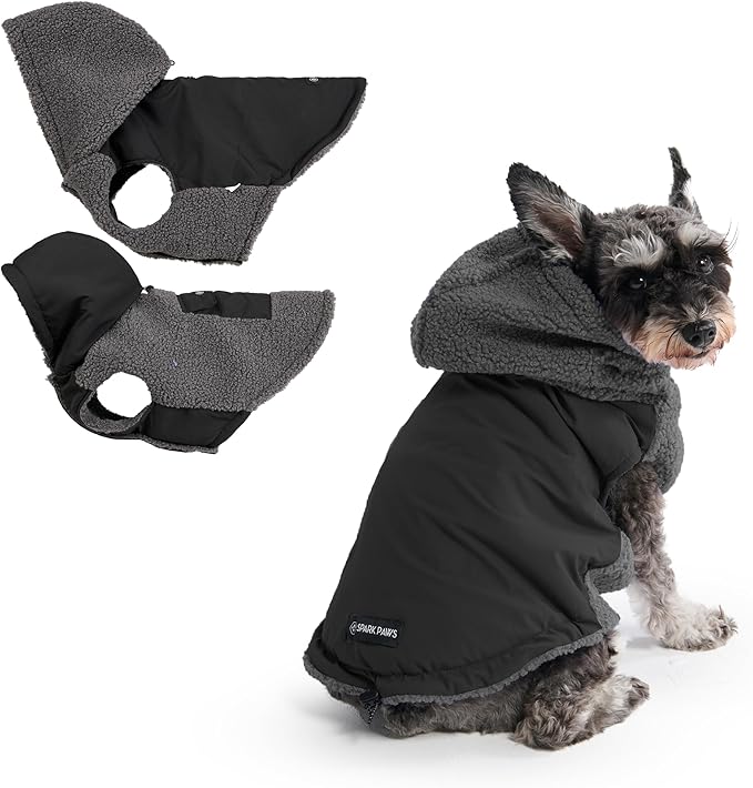 Spark Paws Reversible Fleece Dog Jacket, Hooded Sweater Vest, Warm Coat for Winter - Suitable for Small Medium Large XL XXL Dogs - Black and Grey - S