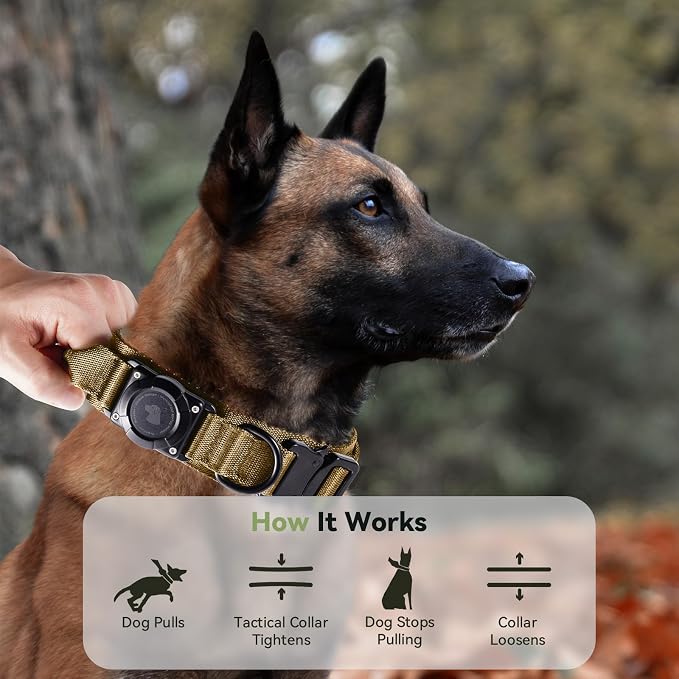 2026 Upgrade Waterproof Tactical AirTag Dog Collar, Built in AirTag Holder | Comfortable Control Handle, Quick Release Metal Buckle, Durable 1000D Nylon, For Medium to Large Dogs, Khaki, M
