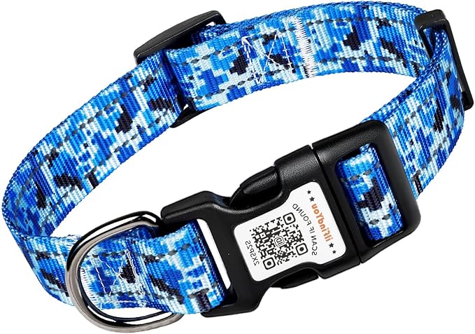 Personalized Dog Collar with QR Code Dog Tag, Camo Blue M | Anti-lost, 1000D nylon, reflective, padded, XS-L(8"-24"), QR buckle shares lost pet profile, location alerts when scanned