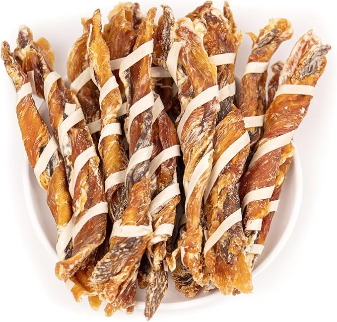MON2SUN Dog Treats, Triple Flavor Jerky Twist Sticks, 5-7 Inch Chicken Duck and Codfish Sticks Chews for Small Dogs, Healthy Snacks, 10.58 oz (15 Count-Pack of 1)
