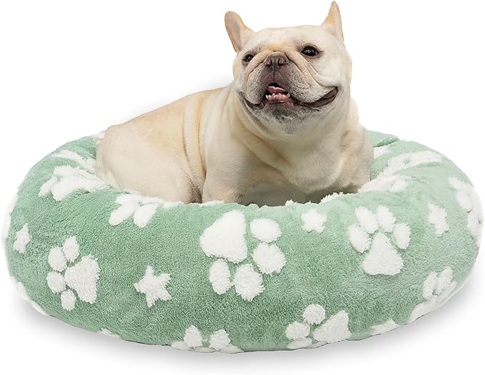 Yaning Donut Dog Beds for Small Dogs, Calming Round Cat Beds for Indoor Cats, Cute 3D Textured Paw Pet Bed with Removable Washable Cover and Anti-Slip Bottom（Green，23"）