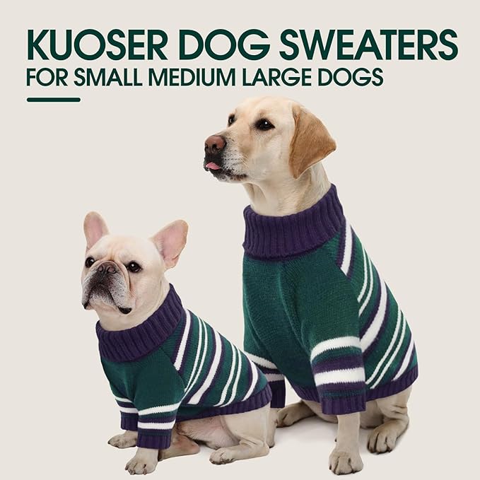 Kuoser Dog Sweater,Warm Dog Sweaters for Extra Large Dogs,Turtleneck Thick XXL Dog Sweater Christmas Outfit,Pet Winter Clothes Doggie Knitwear Girl Boy for Holiday Thanksgiving,Green&Navy Strips 2XL
