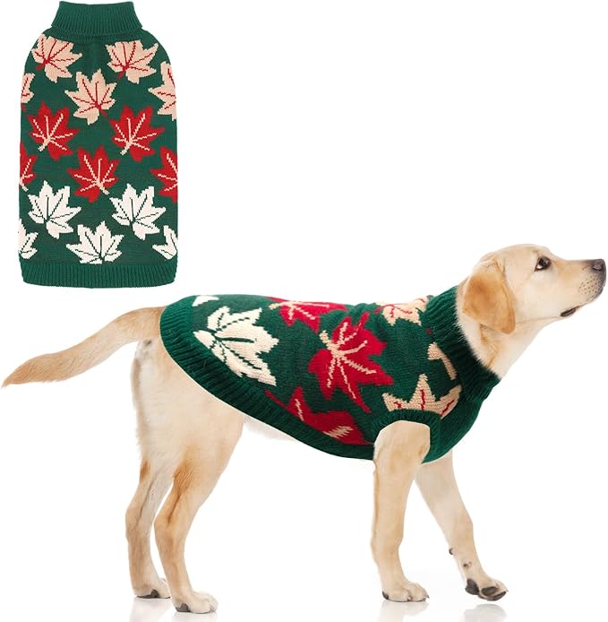 KOOLTAIL Fall Dog Sweater, Thanksgiving Dog Sweater with Autumn Maple Leaf Pattern, Cold Weather Pet Knitted Winter Coats Clothes Turtleneck Pullover for Small Medium Large Dogs Cat Boy Girl, Green XL