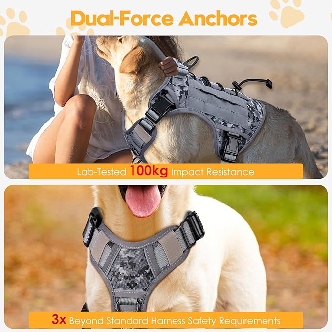 Heavy-Duty Tactical Dog Harness for Large Dogs, No Pull Adjustable Reflective Pet Vest with Molle System, K9 Military-Grade Control for Service Training, Outdoor & 10+ Breeds, Gray Camo, Large