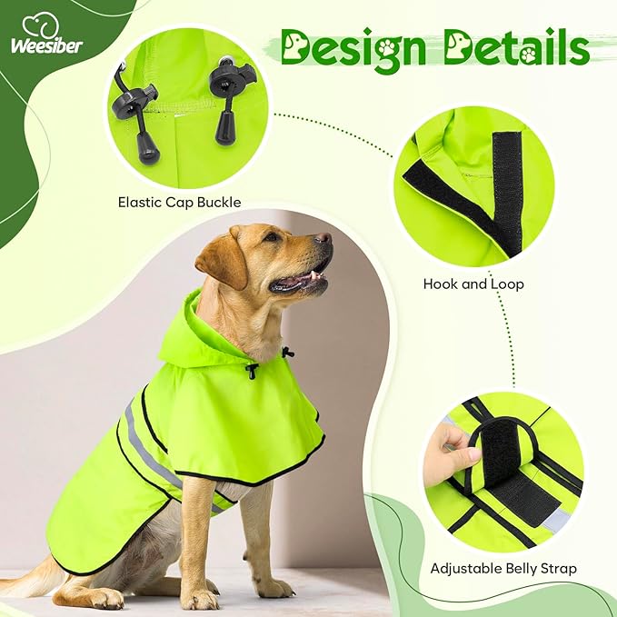 Weesiber Dog Raincoat, Waterproof Dog Rain Jacket with Leash Hole, Reflective Puppy Rainwear Hooded Pet Poncho Slicker for Walking (XL, Green)