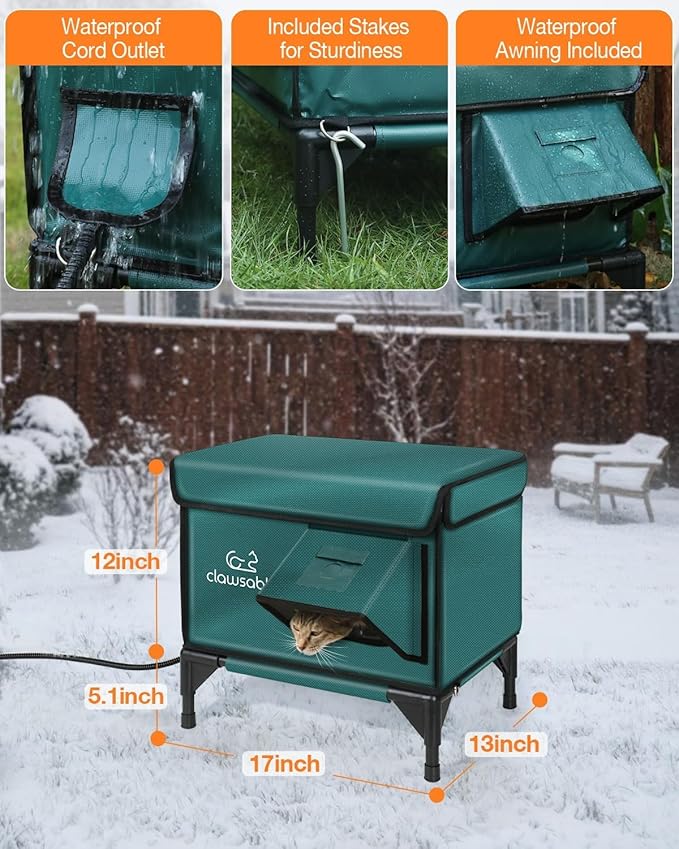 Indestructible Heated Cat House for Outside Winter, 100% Waterproof, Safe Escape Door, Insulated Outdoor Cat Shelter with Heater for Feral Barn Cat Kitty (Forest Green, 12"x16"x18")