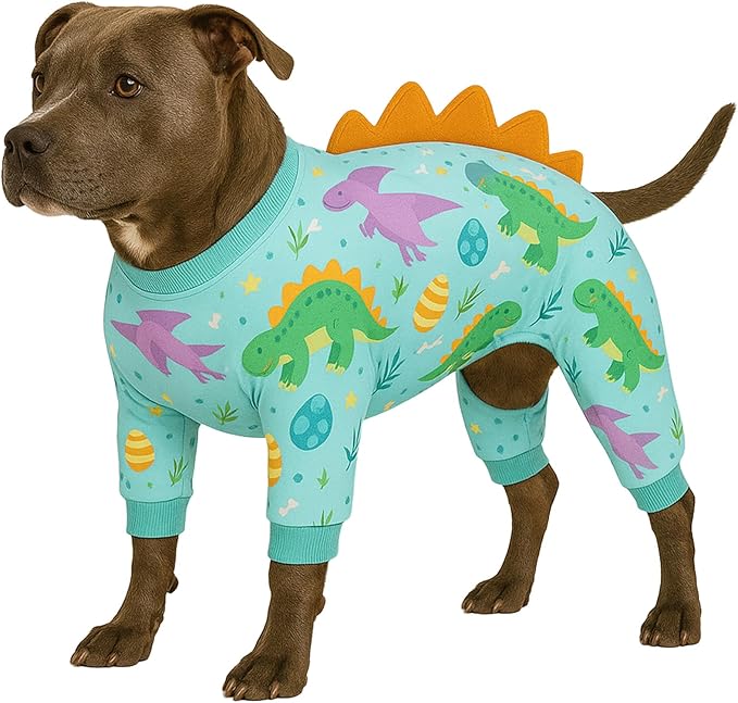 LovinPet Large Dog Pajamas, Four-Leg Stretch Onesie Bodysuit, Lightweight UV-Shielding Pajamas, Anti-Lick Calming Recovery Suit for Surgery, Pull-On for Medium and Large Breeds,Green Orange,3XL