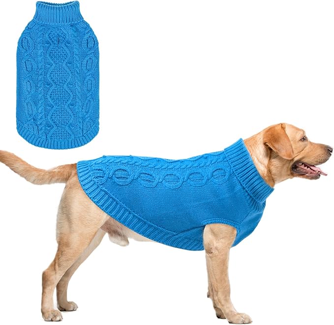 SCENEREAL Knitted Dog Sweater for Large Medium Small Dogs, Cat Dog Winter Coat Warm Sweatershirts Outfits, Classic Pet Clothes with Leash Hole, Soft Pet Knitwear Apparel for Girls Boys, Lake Blue L