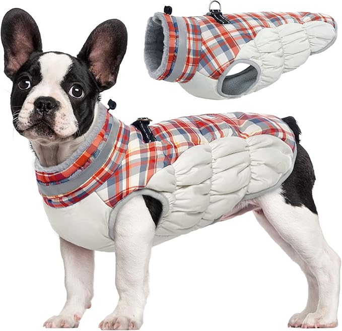 FUAMEY Dog Coat for Small Dogs,Waterproof Dog Winter Jacket with Harness Built in Puppy Cold Weather Coats Reflective Pet Vest with Zipper Warm Fleece Dogs Snowsuit Windproof Red Plaid S