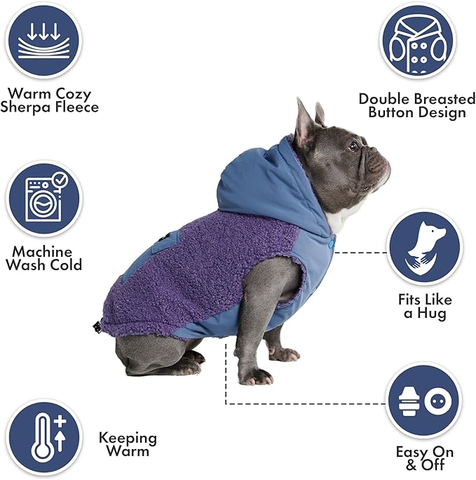 Spark Paws Reversible Fleece Dog Jacket, Hooded Sweater Vest, Warm Coat for Winter - Suitable for Small Medium Large XL XXL Dogs - Purple and Navy Blue - 2XL