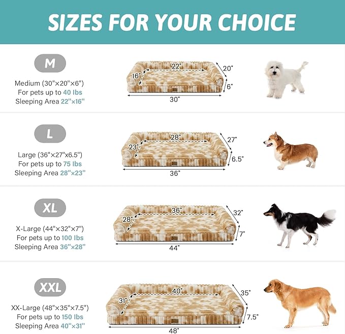 COZY KISS Cute Dog Bed for Extra Large Dogs, Faux Rabbit Fur Orthopedic Dog Bed with Sides, Removable Washable Cover & Waterproof Lining, Comfortable Pet Couch, Tie-Dye Brown (48" L x 35" W x 7.5" Th)