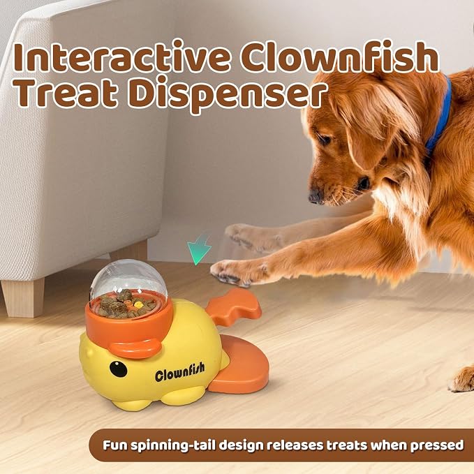 Interactive Clownfish Dog Treat Dispenser Toy with Spinning Tail, Puzzle Slow Feeder for Dogs & Cats, Treat Dispensing Food Puzzle Feeder, Includes Cleaning Cloth & Brush (White)