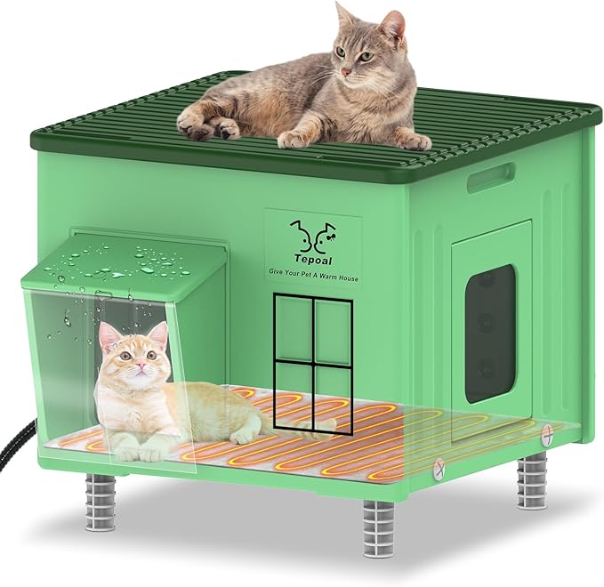 Tepoal 17.7"x17"x17.5" Plastic Heated Cat House for Outside Winter, Weatherproof Outside Cats Shelter with Safety Escape Doors and Heating Pads, Elevated Feral Cat House for Wild and Stray Cats Green