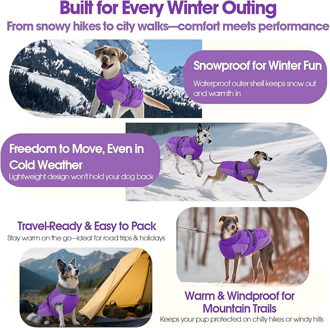 QBLEEV Warm Dog Jacket - Reflective, Adjustable Winter Coat with Turtleneck for Cold Weather, Waterproof Fleece Snowsuit for Small, Medium, Large Dogs