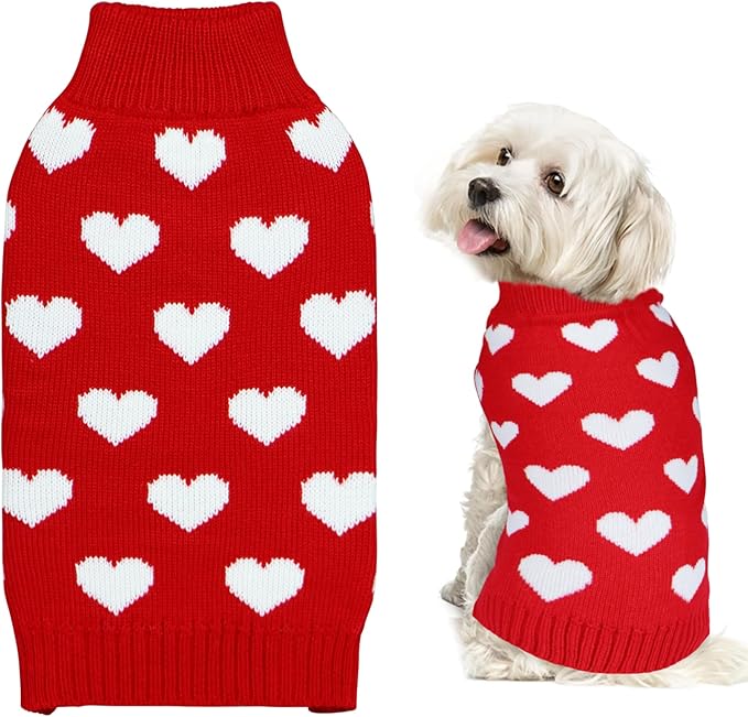 Valentine Dog Sweater Dog Valentines Clothes Outfit Knitted Heart Sweater for Small Medium Large Dogs Pets (Red, Large)