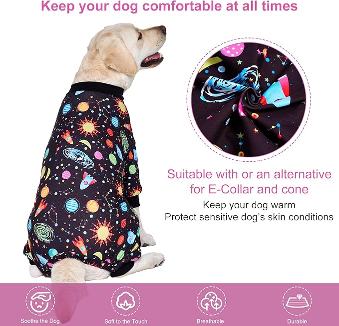 LovinPet Big Dogs Onesies: Big Dog Pajamas, Post Surgery/Wound Care, Lightweight Stretchy Fabric, Interstellar Black Print, Dog Jumpsuit, Anti Licking, Pet PJ's/XL