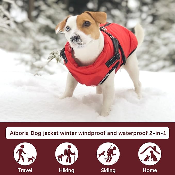 Aiboria Dog Jackets for Winter Windproof Waterproof 2 in 1 Outfit Cold Weather Coat Dog Vest Harness Puppy Winter Warm Jacket Red XL