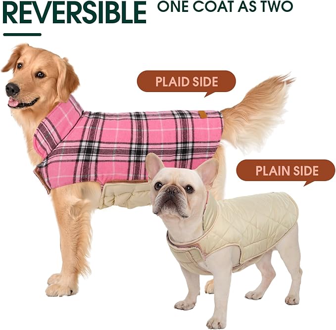 Kuoser Waterproof Dog Coat, Reversible Dog Jacket for Medium Dogs, Adjustable Durable Doggie Winter Coat Warm Puppy Cold Weather Apparel from Small to Large Breed, Pink M
