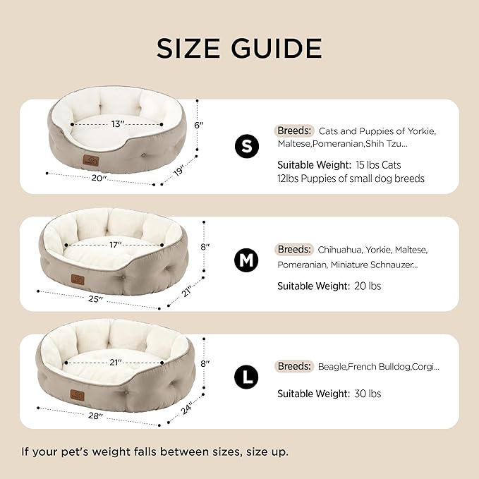 Bedsure Dog Beds for Small Dogs - Round Cat Beds for Indoor Cats, Washable Pet Bed for Puppy and Kitten with Slip-Resistant Bottom, 25 Inches, White