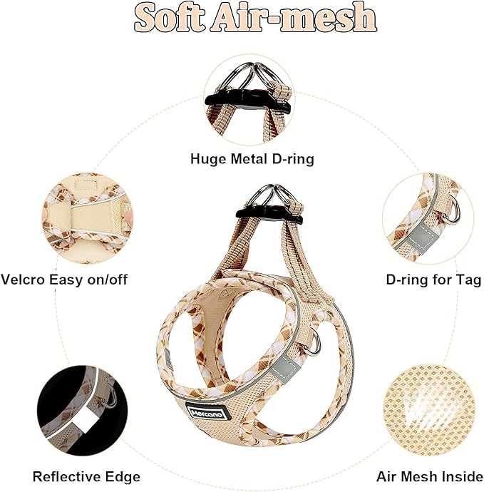 Mercano Soft Mesh Dog Harness and Leash Set, No-Chock Step-in Reflective Breathable Lightweight Easy Walk Vest Harnesses with Safety Buckle for Small Dogs, Cats (Beige, L)