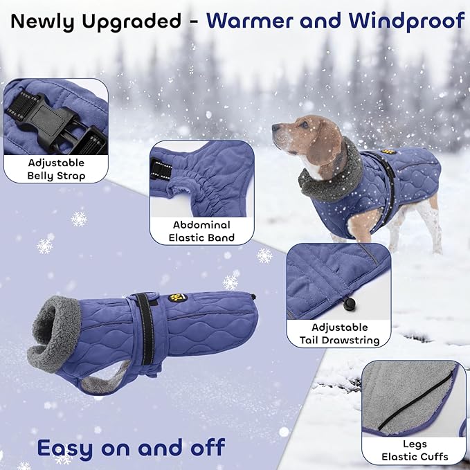 Dog Coat Winter, Waterproof Quilted Dog Jacket for Cold Weather, Reflective Adjustable Puppy Winter Coat, Warm Turtle-Neck Pet Fleece Snow Jacket for XX-Large Dogs, NewBlue XXL
