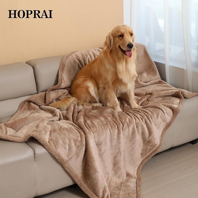 HOPRAI Waterproof Pet Blanket for Medium Large Dogs Washable Fluffy Thick Jacquard Shag Fleece Warm Sherpa Pet Blanket Cats Puppy Couch Protection (Light Coffee L57*65inches)