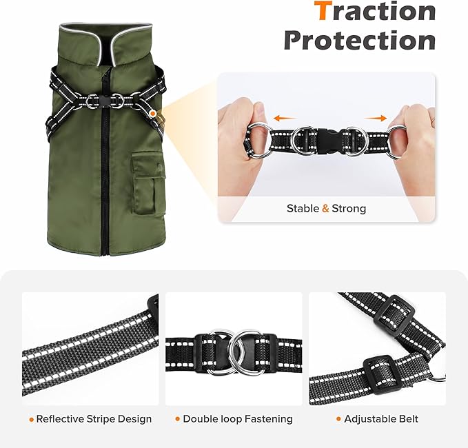 Dog Winter Coat with Harness Built-in | Waterproof Dog Jacket with Zipper & Fleece Lining | Reflective Cold Weather Coat for Small Medium Large Dogs