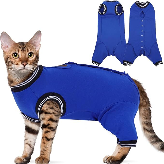 Stress-Free Cat Recovery Suit for Female Cats - Vet-Backed E-Collar Alternative, Anti-Lick & Rear Access Design RoyalBlue S