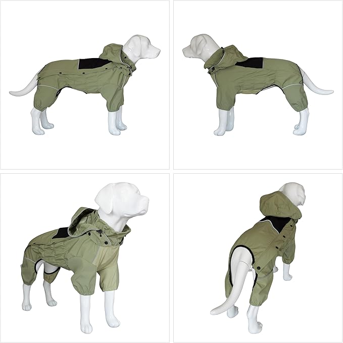 LOVELONGLONG Waterproof Dog Raincoat with Removable Hood – Outdoor Full Body Dog Jacket, Windproof Snowproof Shell Suit – All Season Pet Rain Gear Sage Green 4XL