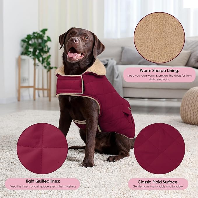 Large Dog Winter Jacket, Pet Warm Windproof Coat Dogs Cold Weather Coats Snow Jacket Pets Clothes, Golden Retriever, Labrador Retriever, Husky, Burgundy L