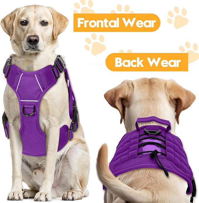 Heavy-Duty Tactical Dog Harness for Large Dogs, No Pull Adjustable Reflective Pet Vest with Molle System, K9 Military-Grade Control for Service Training, Outdoor & 10+ Breeds, Purple, Large