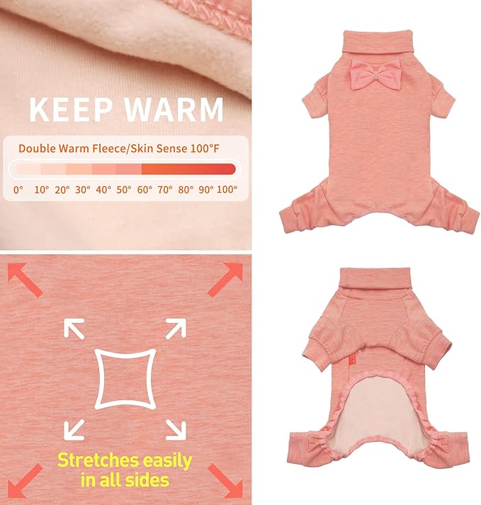 KYEESE Dog Coats Turtleneck Stretchy Pet Pjs Dog Sweater Super Soft Warm Material Dogs Pajamas with Bowtie Dog Onesie for Small Dogs Cold Weather Coat, Pink,L