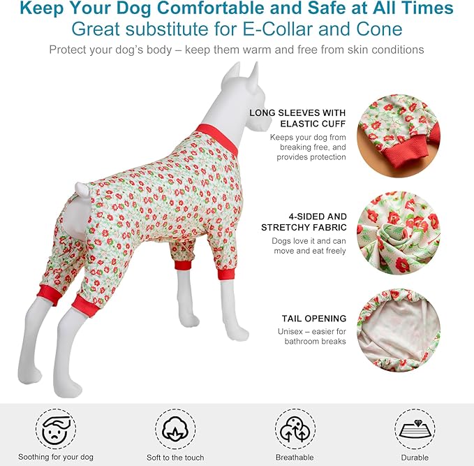 LovinPet Pajamas for Big Dogs, Pet Anxiety Calming Shirt, Anti Licking Dog Pajamas, Pink Granny Print, Pitbull Clothes, 4 Legged Pullover Large Dog Pjs for Parties, Camping, Travel, and Home,3XL