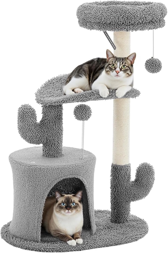 Aidoly 33 Inch Small Cat Tree Tower, Cat Tree with Curved Bed, Cat Tower with Scratching Post and Cozy Condo for Indoor Kittens and Cats, Grey