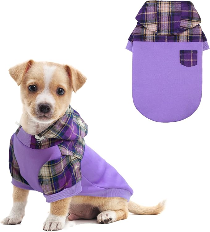 Plaid Dog Hoodie - Warm Sweatshirt with Hat & Leash Hole, Soft Pullover Fleece for Small to Large Dogs
