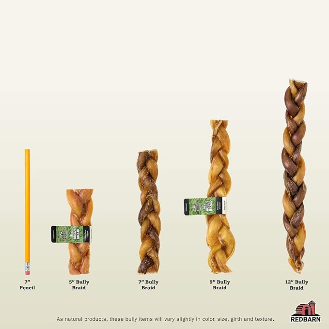 Redbarn 7" Braided Bully Sticks for Dogs. Natural, Highly Palatable, Long-Lasting Dental Chews Sourced from Free-Range, Grass-Fed Cattle (20 Sticks)
