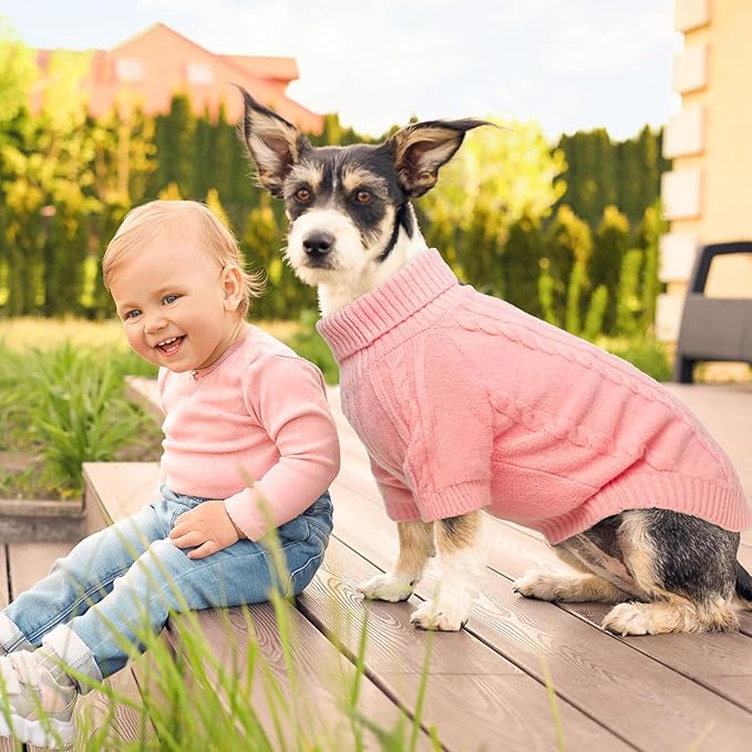 BEAUTYZOO Small Dog Sweater-Dog Sweatshirt Pullover Cable Knit Wear Classic Turtleneck Thick Cold Weather Clothes for Small Dogs,Medium Dogs,Pink Cable M (Back: 16",Chest: 21", Neck: 13")